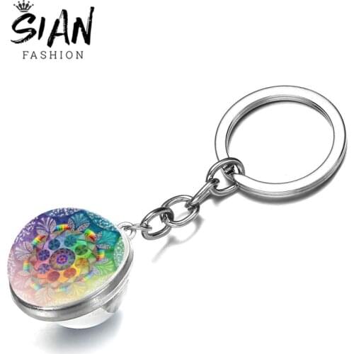 SIAN Indian Sanskrit OM Symbol Keychain OHM OM AUM Buddha Lotus Silver Plated Flower of Life Mandala Art Glass Key Chain Jewelry