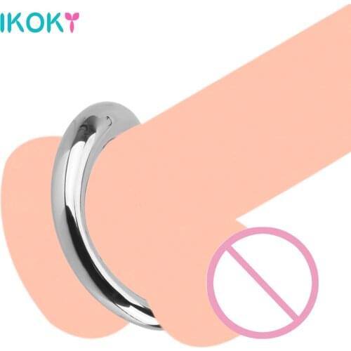 IKOKY Penis Bondage Lock Cock Ring Delay Ejaculation Stainless Steel Adult Products Metal Scrotum Stretcher Sex Toys for Men