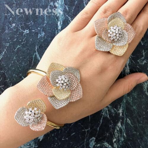 Newness Luxury Flower Blossom Korean Bangle Ring Set Jewelry Sets For Women Wedding Engagement brincos para as mulheres
