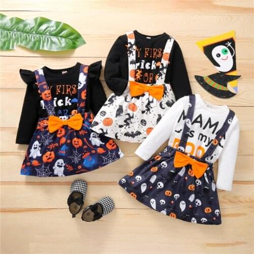 2PCS Clothes Set Baby Girl Letter Print Cotton T-Shirt Top+ Bows Dress Outfits Set Girls Halloween Clothing 2021 New