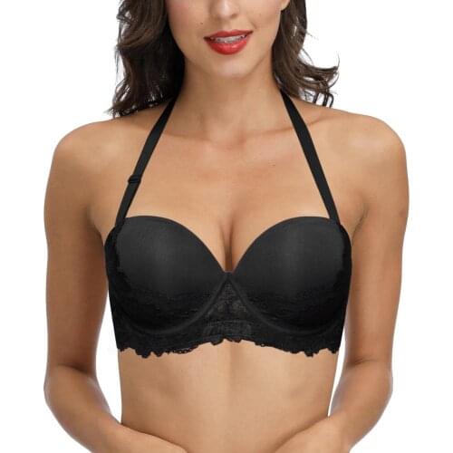 YBCG Fashion Black Women Bra Push Up Padded Non-slip Lace Lingerie Halter Supportive Multiway Bralette Backless Underwear