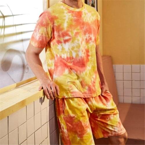 Men Nightwear Set 2pcs 2021 Summer Men Tie-Dyed O-Neck Short Sleeve Tops+ Short Pants Sleepwear S/M/L/XL/XXL