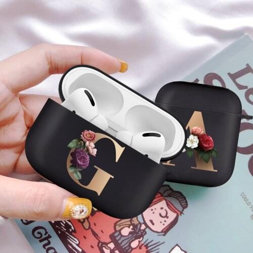 Cute Floral Gold Initial Alphabet Letter Soft Case For AirPods 2 Pro Black Silicone Wireless Bluetooth Earphone Box Matte Cover