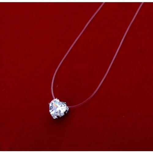 40GB Invisible Heart Cubic Zirconia Stone Pendant Necklace Clear Fishing Line Chokers