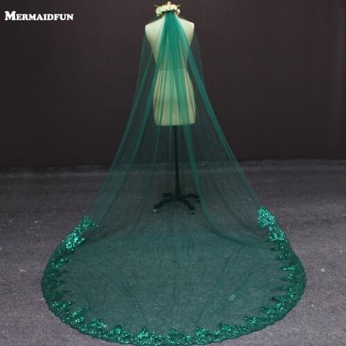 New 3 Meters One Layer Lace at Bottom Green Tulle Wedding Veil 3 M Long Bridal Veils