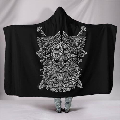 Viking Hooded Blanket Norse God Odin Wolfs Swords Blanket Adult colorful child Sherpa Fleece Wearable Blanket Microfiber Bedding