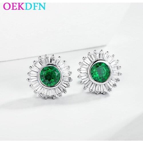 OEKDFN 100% 925 Sterling Silver Earrings Emerald Created Moissanite Diamonds Gemstone Daisy Shape Earrings Ear Studs Jewelry
