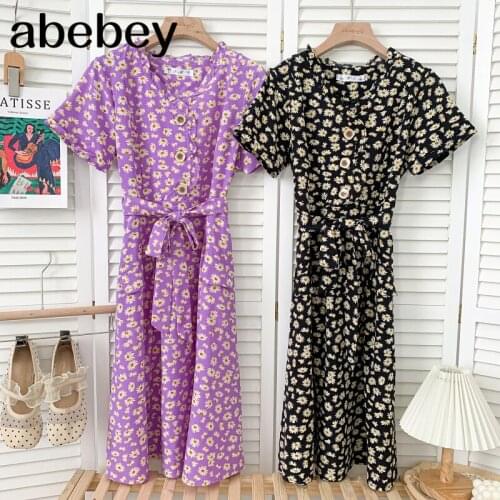 Sweet V-neck short sleeve Dress Edible Tree Fungus edge high waist bandage print mid-long A-line Dress 2021 New Summer