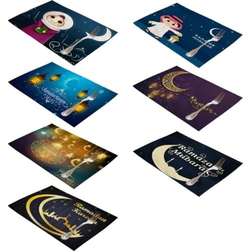 Ramadan Mubarak Moon Muslim Ramadan Kareem Linen Placemat Eid Mubarak Decor for Home Party Decorations