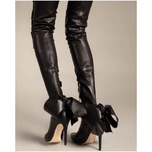 Hot New Woman Black Big Bows Back Pointed Toe Thigh High Boots Slim Sexy Lady Thin Heels Over The Knee Boots Big Size 44