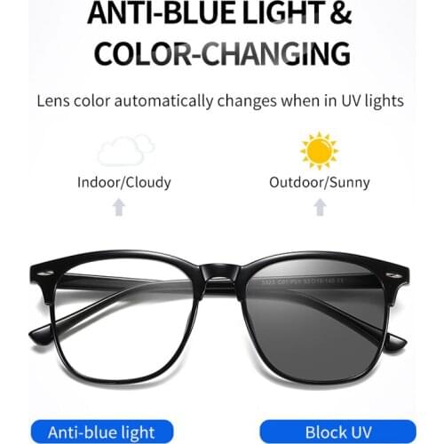 Women Photochromic Sunglasses Female Rectangle Anti Blue Light Glasses Optic 0 Degrees Automatic color change Lens TR90 Frame