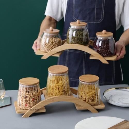 Three-piece Glass Sealed Jar with Bamboo and Wood Shelf Household Dust-proof and Moisture-proof Storage Jar Snack Storage Bottle