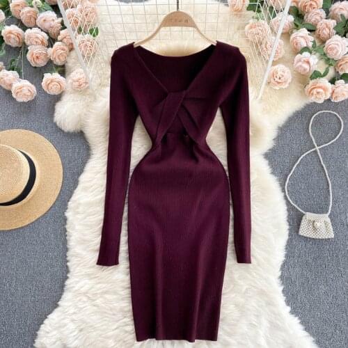 Long Sleeve Knit Bodycon Dress Women Elegant Twist Front Hollow Out V-neck Skinny Mini Party Dress 2021 Autumn Sweater Dress