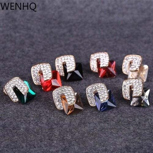 WENHQ New Crystal Rhinestone Clip on Earrings Without Pierced for Women High Quality Gold Color Square Shape Statement Earrings
