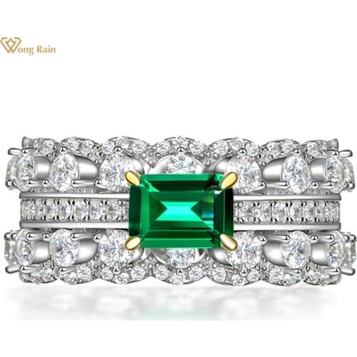 Wong Rain Luxury 100% 925 Sterling Silver Emerald Cut Emerald Gemstone Created Moissanite Wedding Women Rings Fine Jewelry