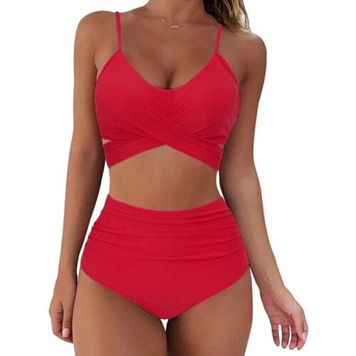 Womens Swimsuit Sexy Bandage Swimwear Solid Push Up High Cut Lace Up Halter Bikinis 2021 Two-piece Suits Summer Bathing Suit