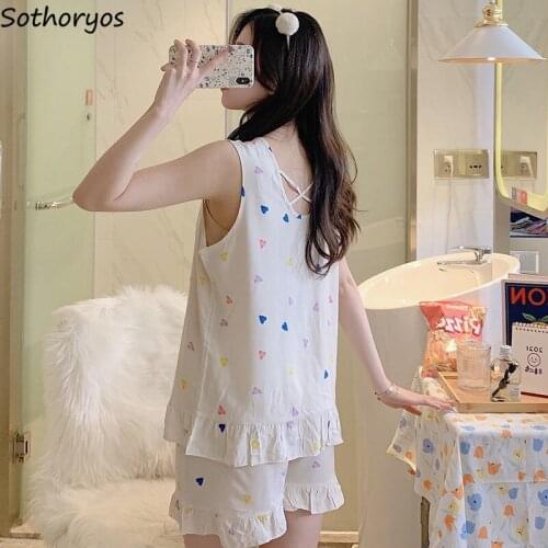 Women Printed Pajama Sets Beauty Back Sleeveless Tops Ruffles Shorts Slim Cozy Students Trendy Sleepwear Female Large Size M-3XL