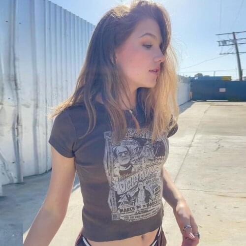 90s Vintage Grunge Graphic Print Aesthetic Women Crop Tops Punk Harajuku Y2K Goth Short Sleeve Streetwear Slim Clothes T-shirt
