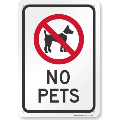 K1193AL "No Pets" Sign | 7" x8" Aluminum Black/Red on White