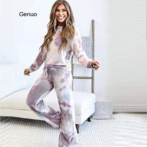 2020 New Autumn Winter Tie-dyed Print Two Pieces Sets Women Casual O Neck Long Sleeve Loose Tops Wide-leg Pants Femme Home Para