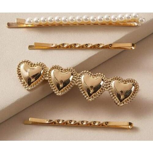 4Pcs/set Fashion Design Simple Metal Hair Clips For Women Pearl Gold Color Heart Hairpins Hair Accessories