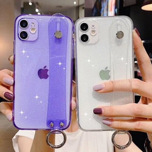 Glitter Powder Wrist Strap Phone Case For iPhone 12Pro 11 Pro Max XR XS Max X 7 8 Plus SE 2020 Shining Transparent Holder Cover