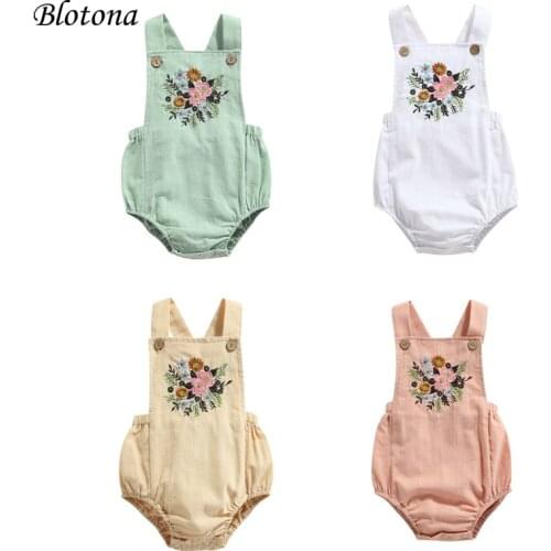 Blotona Infant Sleeveless Flower Embroidery Romper, Bottom Button Adjustable Shoulder Strap Summer Clothing, 0-18Months