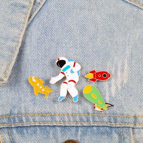 Astronaut Out Space Brooch Pins Cartoon Rocket Yellow Airplane Enamel Pins Cute Lapel Pin Denim Jackets Collar Badges Jewelry