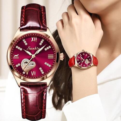 SUNKTA New Rose Gold Wine Red Luxury Quartz Women Watch Waterproof Leather Watches Ladies Watches Clock Relogio Feminino+Box