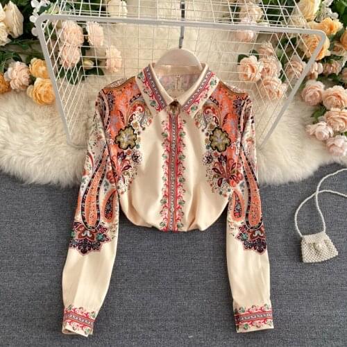 Womens shirt 2021 new retro palace style lapel long-sleeved loose printed shirt female trend