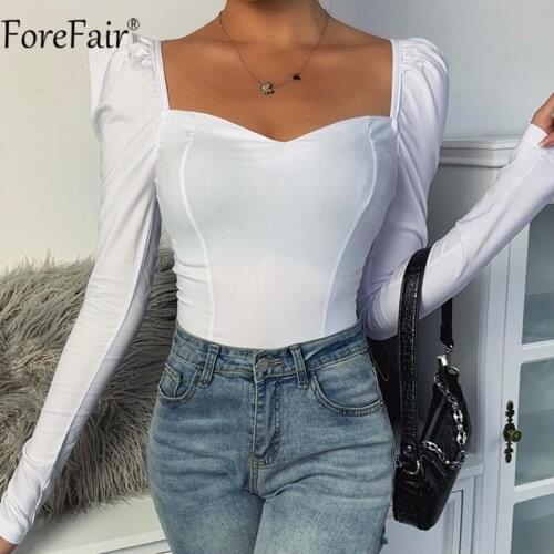 Forefair V Neck Long Puff Sleeve Casual T Shirts 2021 Autumn Spring Black Basic Women Sexy Tees White Solid Fitness Party Tops