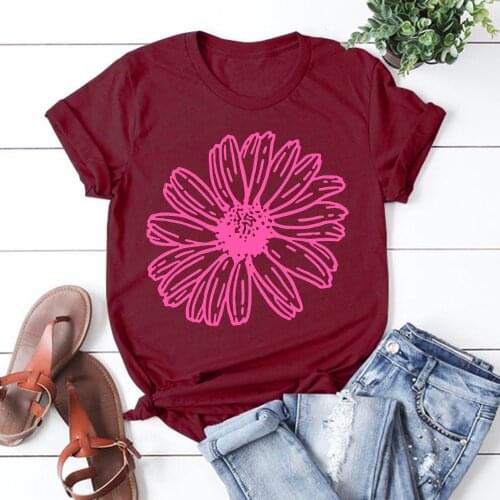 Daisy Printing T Shirt Summer Women Short Sleeve Leisure Top Tee Casual Ladies Female T Shirts Woman Clothing TX8202