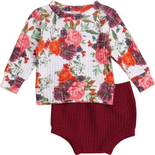 OPPERIAYA 2Pc Summer Autumn Baby Girl Outfit Sweet Style Floral Print Long Sleeve Round Collar Top Solid Color Shorts Casual Set