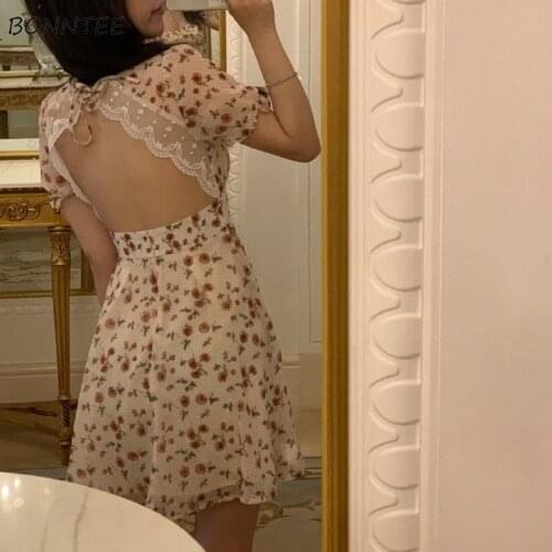 Sweet Dress Women Sexy Backless Mini Short Sleeve Sundress Square Collar Floral Princess Leisure Streetwear Kawaii Ulzzang Girls