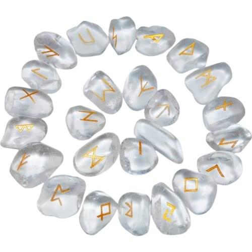 TUMBEELLUWA 1Lot (25Pc) Natural Rock Quartz Engraved Rune Stones Set Healing Reiki Crystal Tumbled Stones