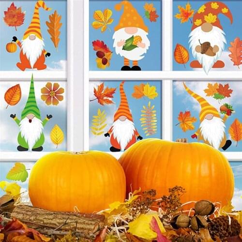 8 Sheet 91Pcs Thanksgiving Window Stickers Electrostatic Glass Decoration Maple Leaf Decals Old Man Doll Decoration Stickers