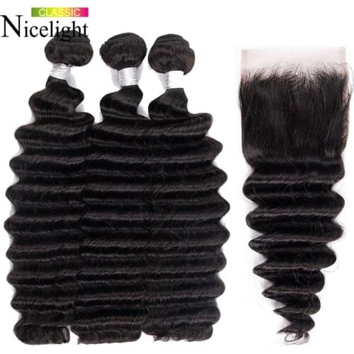 Nicelight 4pcs/lot Brazilian Human Hair Bundles With Closure Non-Remy Hair Extensio Loose Deep 4x4 Lace Closure With Bundles