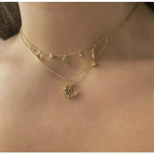 Wholesale Fashion Girl Women Jewelry 5A White Blue CZ Paved Moon Star Charm Minimal Delicate Lovely Small Pendant Girl Necklace