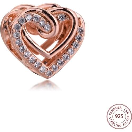 Fits Pandora Bracelet Sparkling Entwined Hearts Charms 925 Sterling Silver Rose Beads DIY Jewelry Making 2021 Valentines New