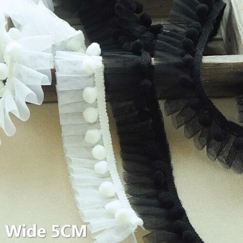 5CM Wide Luxury White Black Pleated Guipure Lace Fabric Pompoms Trim Ball Fringe Embroidered Ribbon DIY Cloth Bags Sewing Decor