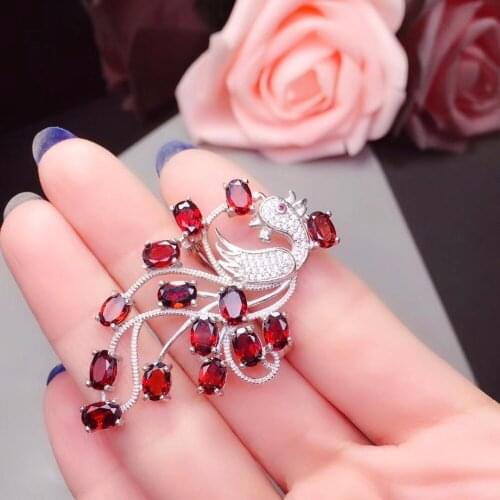Dual-use style, 925 silver natural garnet brooch, swan, gem quality, novel wearing