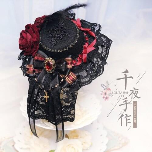 Vintage Lolita Dark Headwear Girls Gothic Wedding Bow Red Black Flat Hat Cosplay Accessories Small Top hat Tea Party Headdress
