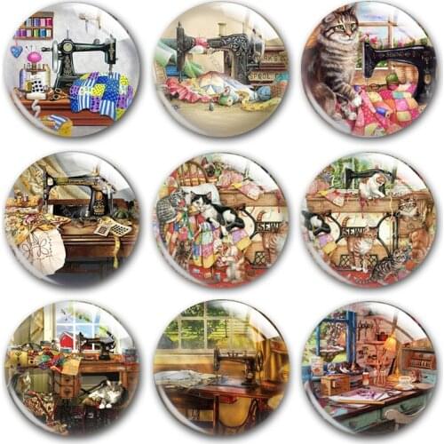 I love sewing glass cabochon,Sew Cat pet Knitting Sewing machine Yarn Round photo glass cabochon demo flat back Making findings