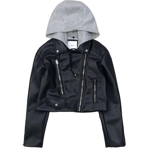 2020 autumn women PU leather jacket hooded biker jacket streetwear casual with zipper pockets outwear female coat