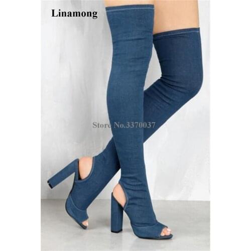 New Design Women Fashion Open Toe Blue Denim Over Knee Gladiator Boots Cut-out Bandage Elastic Thigh Long Chunky Heel Boots