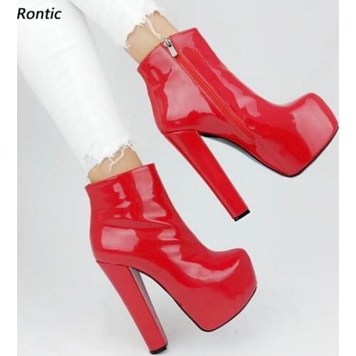 Rontic Handmade Women Winter Platform Ankle Boots Patent Chunky Heels Round Toe Pretty Pink Red Night Club Shoes US Size 5-20