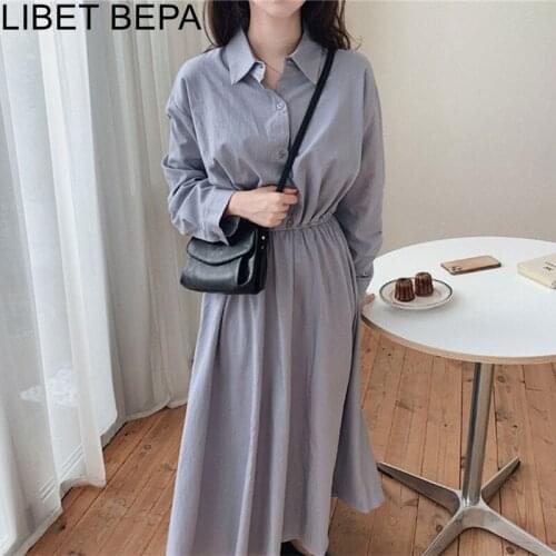 2021 New Women Spring Summer Shirt Dresses Fashionable Elegant High Waist Vintage Korean Style Office Lady Long Dress DR2193