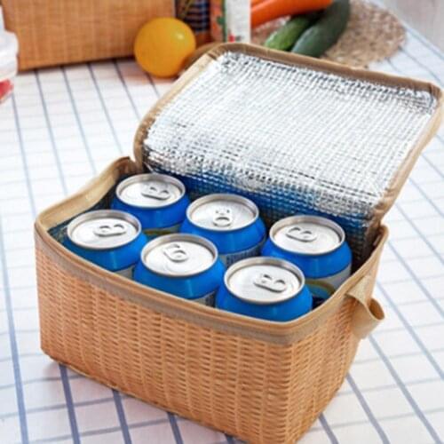 1PC Portable Insulated Thermal Cooler Lunch Box Canvas Imitation Rattan Lunch Bag Food Picnic Bags For Adult Children