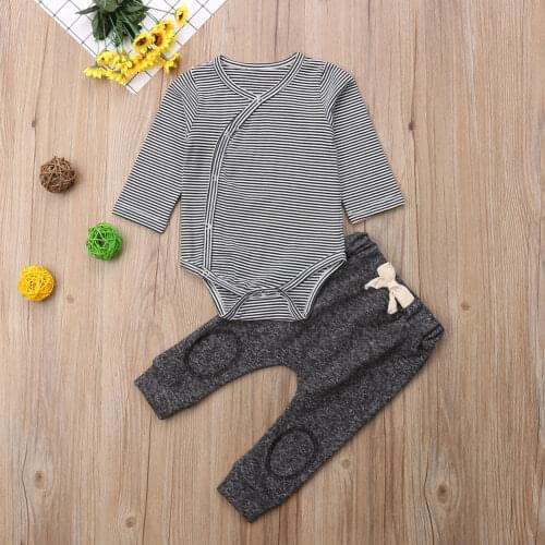HOT Emmababy 2Pcs Boy Clothes Suits USA Cotton Newborn Baby Boy Stripe Romper Tops +Long Pants Outfits Clothes 0-24M