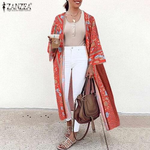 2021 ZANZEA Holiday Open Front Cardigan Floral Printed Kimono Woman Casual Long Sleeve Cover Up Tops Plus Size Tunic Blouses